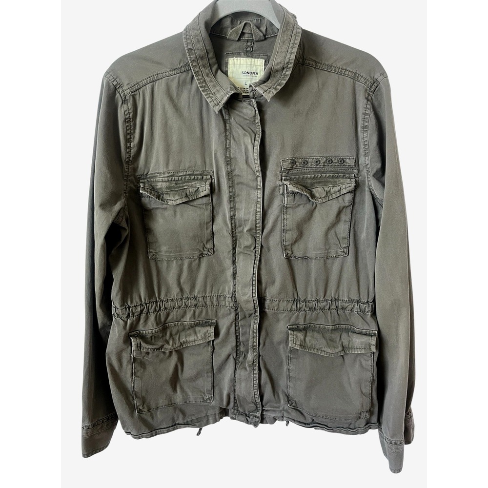 Sonoma Women's Jacket Large Green Lightweight‎ Military Style Cargo Pockets